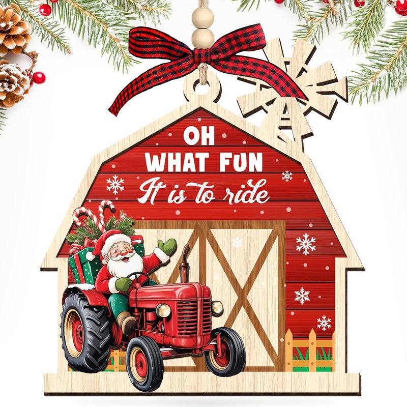 HEXMOZ Farm Christmas Ornaments - Tractor Ornaments for Christmas Tree - Ranch Ornament - Farmer Gifts for Women, Men - Farmhouse Gifts for Farmers, Red Barn Wood Xmas Decorations - Image 1